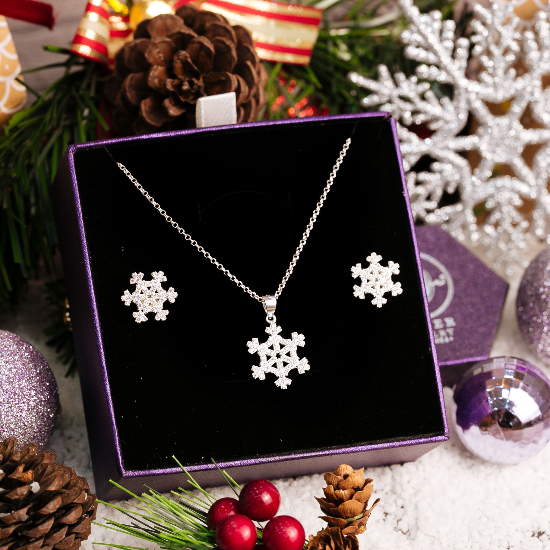  Snowflake Christmas Gift Jewelry Set - Bộ Trang Sức Hoa Tuyết Đính Đá CZ Lấp Lánh - Quà Tặng Giáng Sinh 