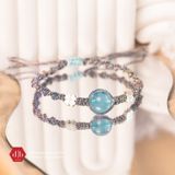  Vòng Dây Thắt Đá Aquamarine Mix Charm Cỏ 4 Lá - Vòng Thắt Dây Thủ Công Đá Phong Thủy 