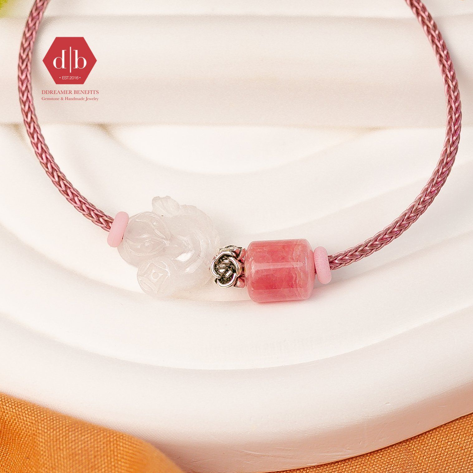  Vòng tay dây cứng đá Lu Thống Đào Hoa & Hồ Ly Moonstone mix Charm Bạc 925 - Gemstone Bracelets Ddreamer 