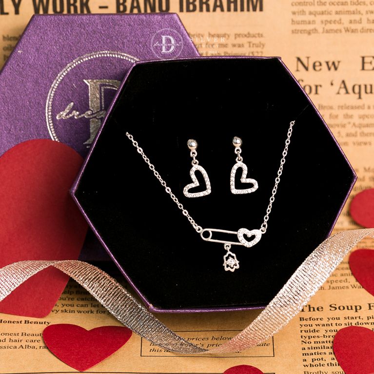  Jewelry Gift Set - Bộ Trang Sức Heart Pin Đính Đá CZ Sang Trọng - Heart Gift Set 