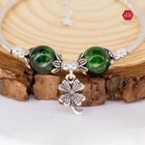  Vòng Tay  2 Viên Đá Diopside Charm Bạc Cỏ 4 Lá 