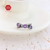  Amethyst Triple Stone Black Dot Lines Silver Ring - Nhẫn Bạc 925 3 Viên Đá Thạch Anh Tím 053SR 