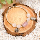  Vòng Đá Phong Thủy - Lu Thống Thạch Anh Hồng - Kunzite Trắng Phối Charm Bạc Lá & Hoa Hồng 