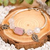  Vòng Đá Phong Thủy - Lu Thống Thạch Anh Hồng - Kunzite Trắng Phối Charm Bạc Lá & Hoa Hồng 