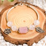  Vòng Đá Phong Thủy - Lu Thống Thạch Anh Hồng - Kunzite Trắng Phối Charm Bạc Lá & Hoa Hồng 