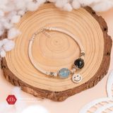  Vòng Đá Thạch Anh Tóc Đen & Aquamarine Phối Charm Bạc 925 Mặt Cười 