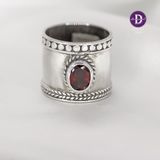  Nhẫn Đá Garnet Nam Tính  Bạc 925 - Garnet Thick Band Silver Ring 037SR 