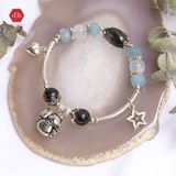  Vòng Đá Phong Thủy - Lu Thống Thạch Anh Tóc Đen - Aquamarine & Moon Phối Charm Bạc 925 