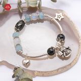  Vòng Đá Phong Thủy - Lu Thống Thạch Anh Tóc Đen - Aquamarine & Moon Phối Charm Bạc 925 