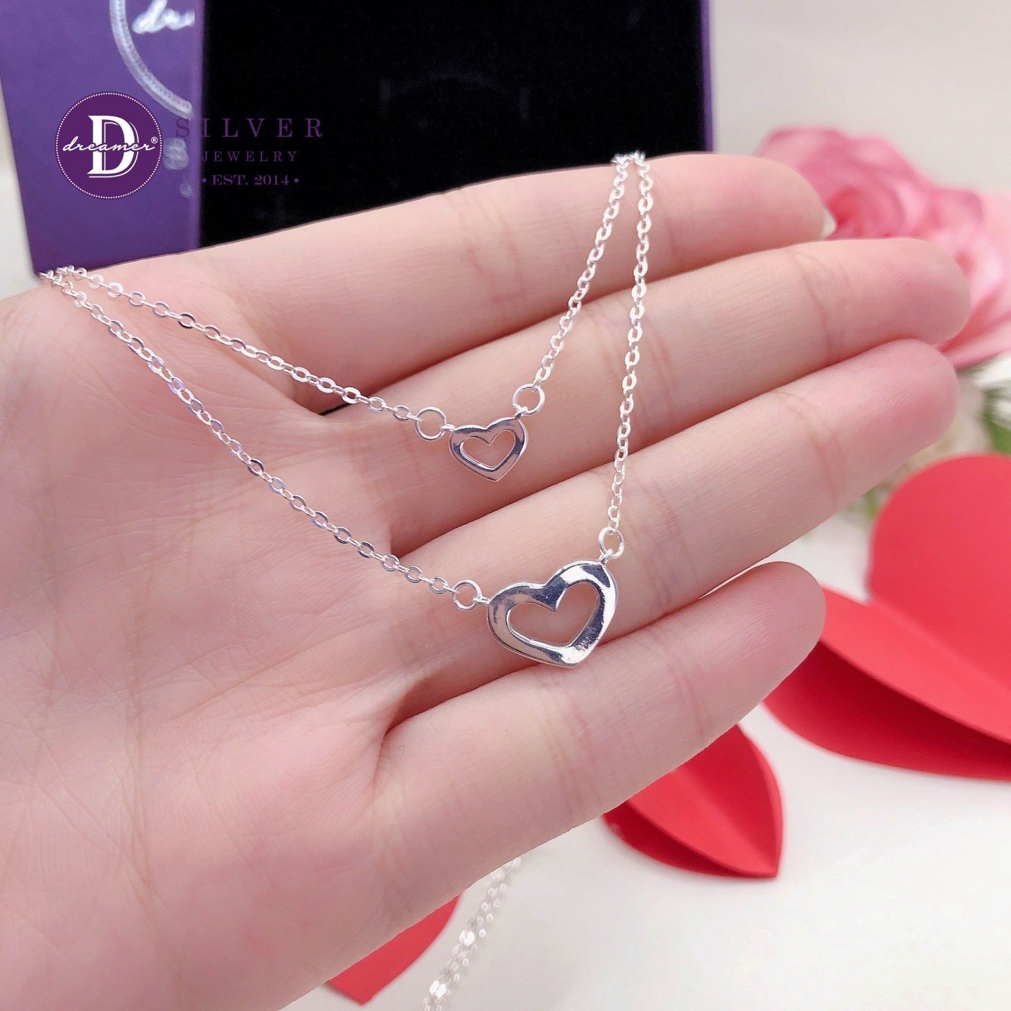  Double Heart Double String  Silver Necklace - Dây Chuyền Kiểu 2 Dây Mặt Trái Tim To Nhỏ Bạc 925 - Dây Chuyền Valentine - Ddreamer 375DCT 
