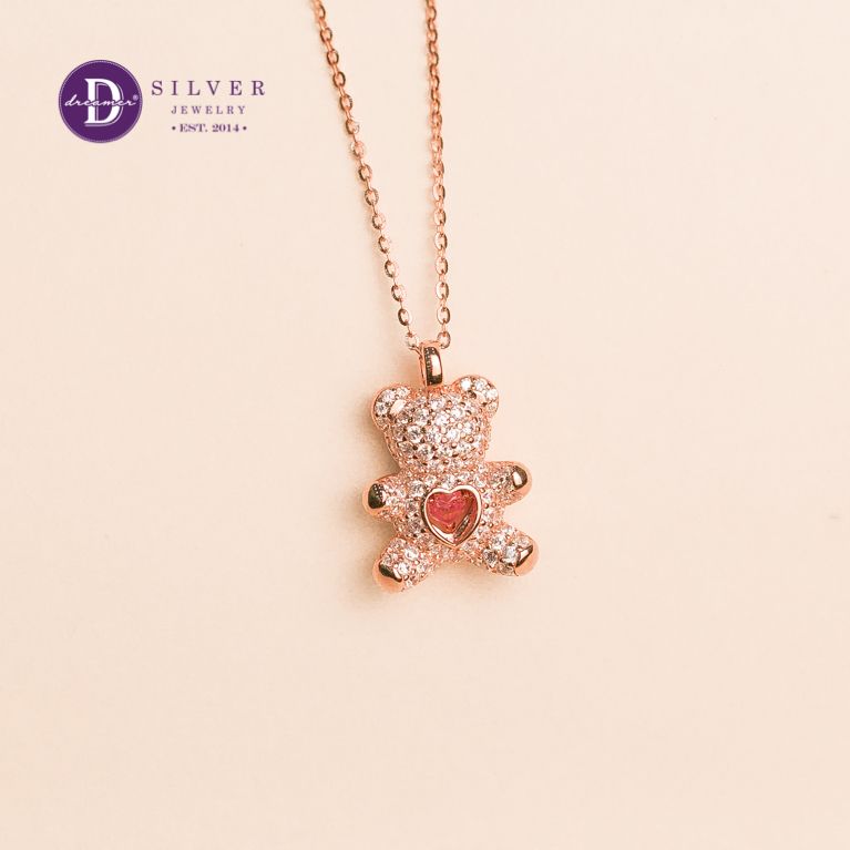  Silver Necklace Love Pin k Heart Sparkling Bear - Dây Chuyền Bạc 925 Cao Cấp Gấu Trái Tim Hồng Đính Đá Ddreamer 118́̃9DCH 