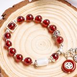  Vòng Đá Garnet Đỏ Kết Hợp Lu Thống Moonstone Phối Charm Cá Chép & Lá Bạc 925 