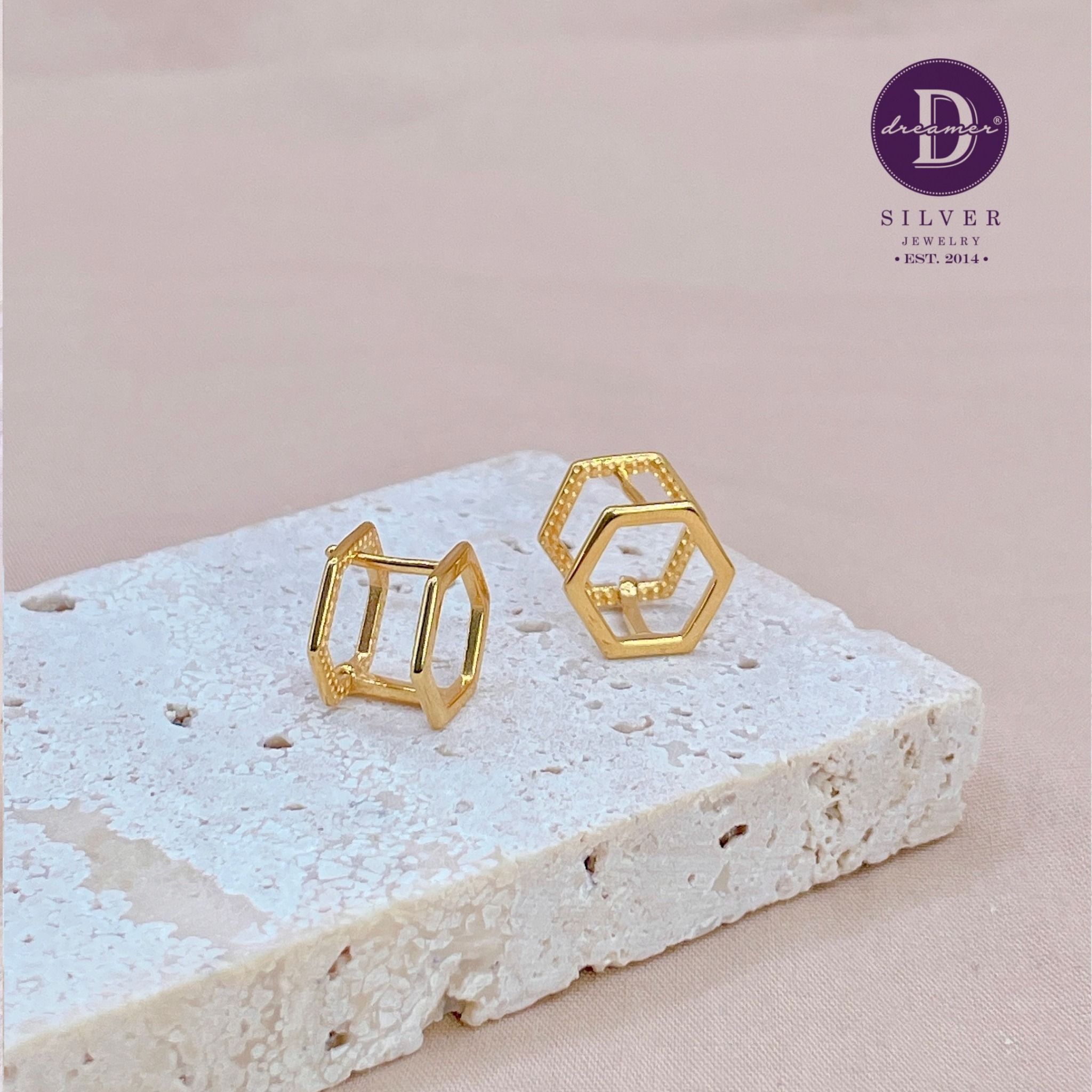  Parallel Hexa Hoops - Gold Plated Earrings - Hoa Tai Khoen Line Lục Giác 1625BTK 