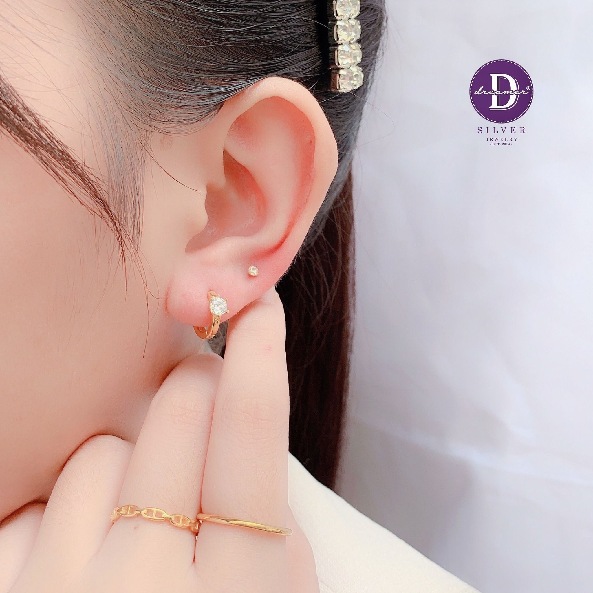  Round Hoops Stone Cupcake - Gold Plated Earrings - Hoa Tai Khoen Bạc 925 2428BTK 