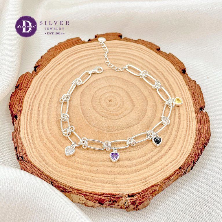  Premium Colorful Heart Stone Oval Chain Silver Bracelet - Lắc Tay Bạc 925 Premium Xích Oval Charm Đá Trái Tim Đủ Màu P1298VTH 