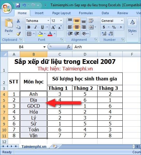 Sắp xếp data trong Excel 2007