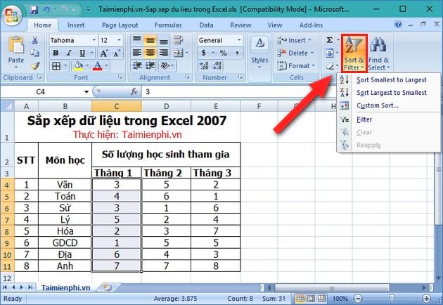 Sắp xếp data trong Excel 2007