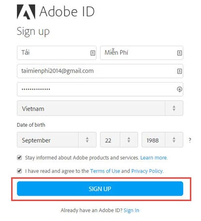 Đăng ký Adobe, tạo tài khoản Adobe
