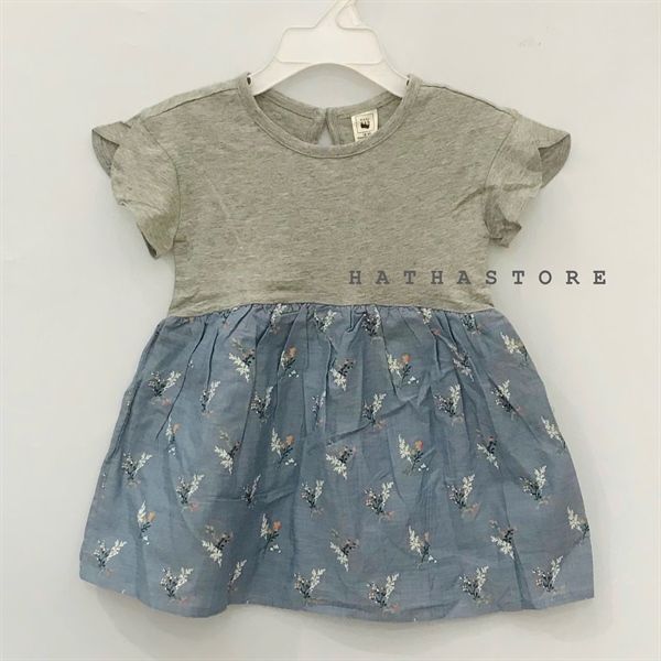  Đầm thun xám phối jean hoa bé gái 