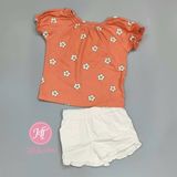  Bộ ngắn P3kkle cam hoa trắng bé gái 