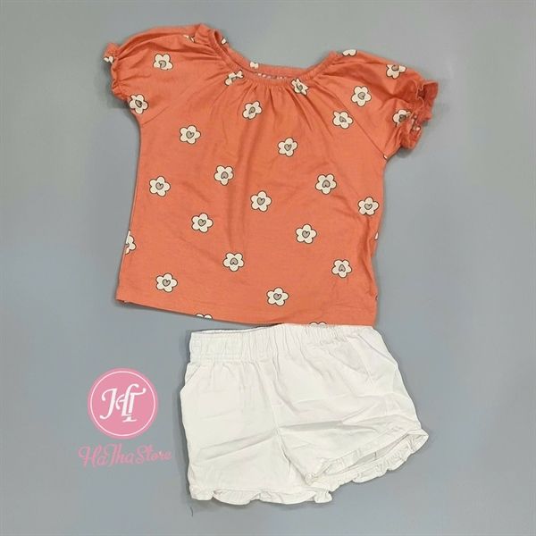  Bộ ngắn P3kkle cam hoa trắng bé gái 