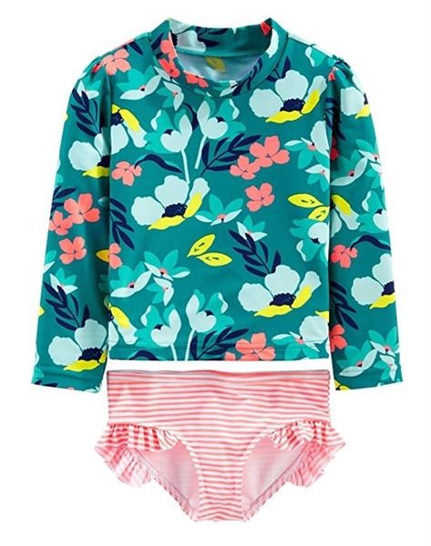  Bộ bơi 2 mảnh xanh hoa quần sọc hồng bé gái 