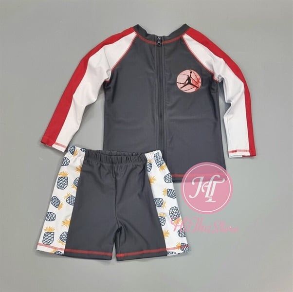  Đồ bơi tay dài xám phối tay viền đỏ cho bé trai 