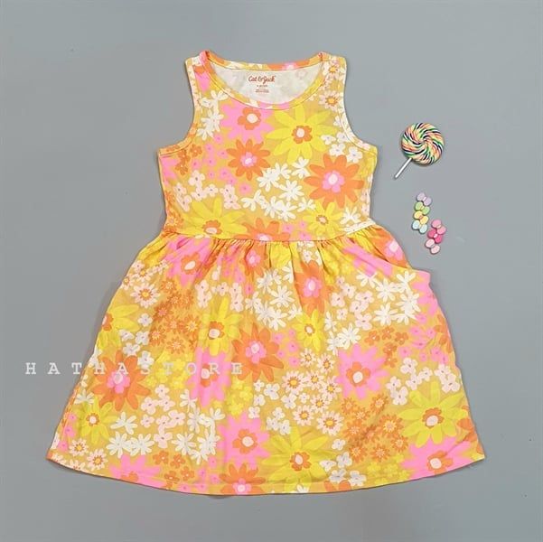  Đầm thun C&J hoa cam vàng hồng bé gái 