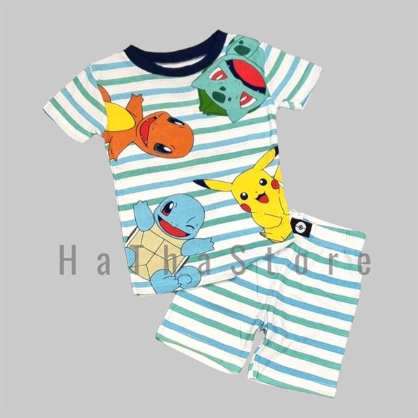  Bộ ngắn xanh sọc pokemon bé trai 