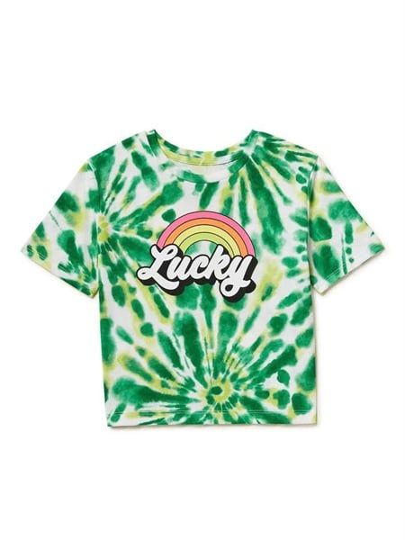  Áo thun croptop PL4CE xanh loang lucky bé gái 