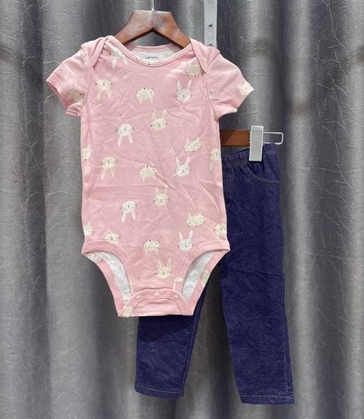  (10-11kg) Set 2 bodysuit và quần hồng thỏ bé gái 