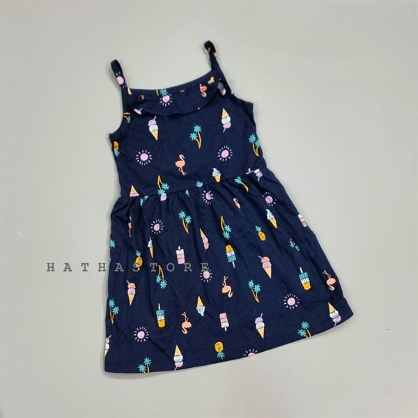  Đầm thun 2 dây C4RTER xanh đen kem bé gái 