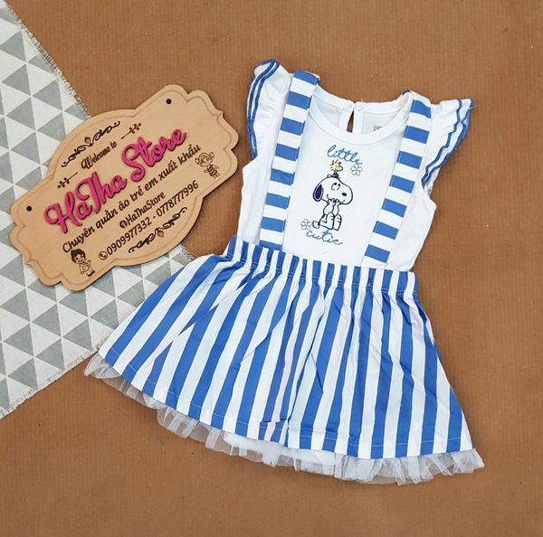  Set yếm váy Disney trắng sọc xanh bé gái 
