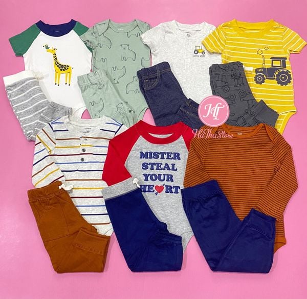  Set 2 bodysuit xám xe và quần dài cho bé trai 