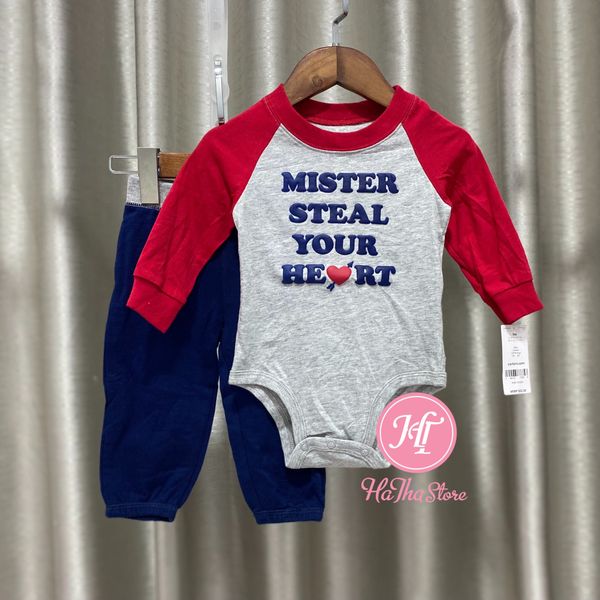  Set 2 món bodysuit và quần xám chữ tay đỏ bé trai 