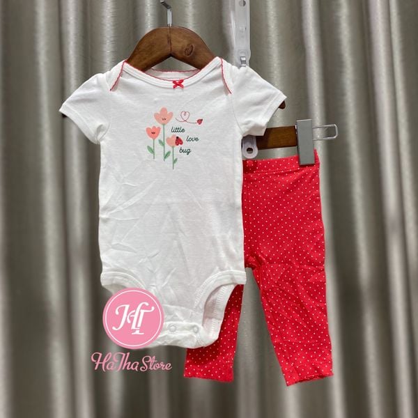  (3M) Set 2 món bodysuit bé trắng hoa đỏ và quần bé gái 