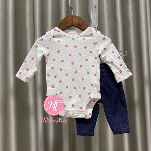  (3M) Set 2 món bodysuit trắng dâu và quần bé gái 