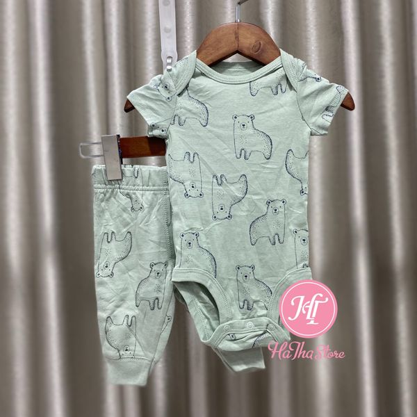  (X) (3-5.5kg) Set 2 món bodysuit xanh gấu và quần cho bé trai 