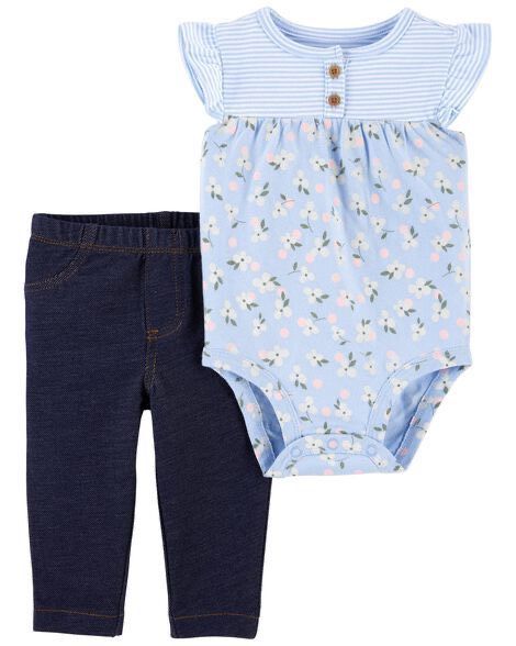  Set 2 món bodysuit xanh hoa và quần cho bé gái 