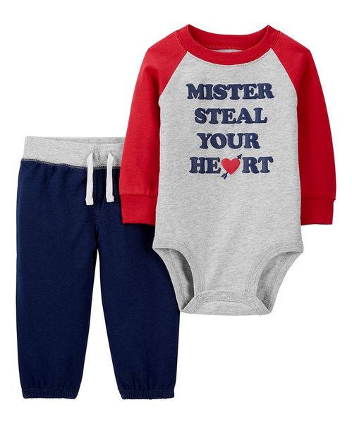  Set 2 món bodysuit và quần xám chữ tay đỏ bé trai 