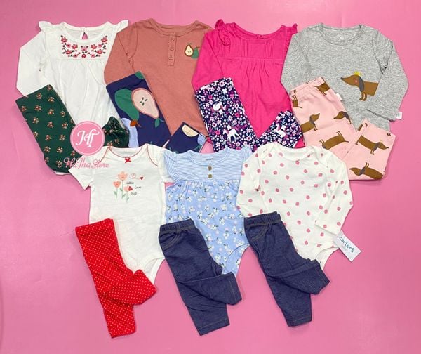  (3M) Set 2 món bodysuit trắng dâu và quần bé gái 