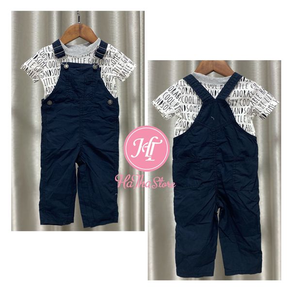  (SIZE 9M) Set yếm dài kaki và áo thun chữ bé trai 