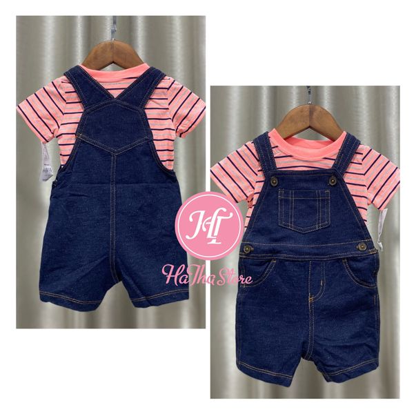  Set yếm jean và áo cam sọc 
