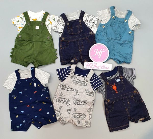  (SIZE 9M) Set yếm dài kaki và áo thun chữ bé trai 