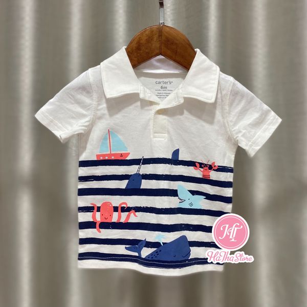  (SIZE 6M) Áo thun polo Carter trắng cá mập bé trai 