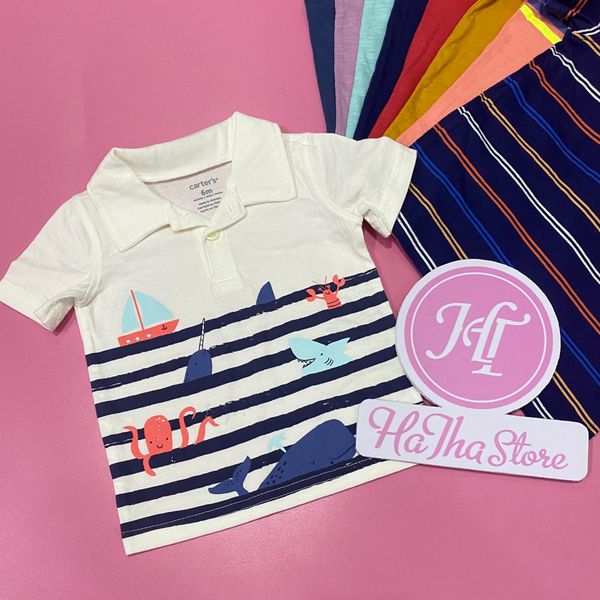  (SIZE 6M) Áo thun polo Carter trắng cá mập bé trai 