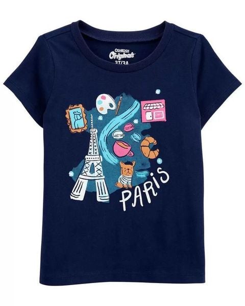  (2-4Y) Áo thun 0shk0sh xanh đen pari cho bé gái 