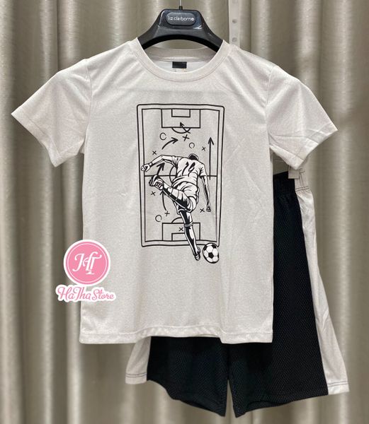  (10/11y) Bộ ngắn thể thao xám đá bóng quần đen viền xám bé trai 