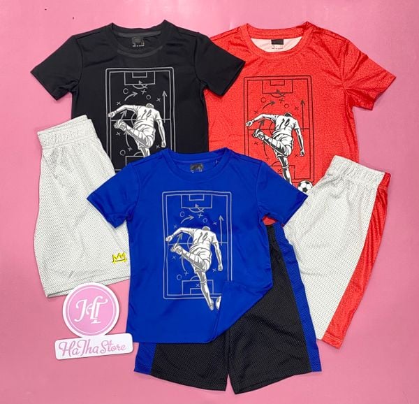  (10/11y) Bộ ngắn thể thao đỏ đá bóng quần xám bé trai 
