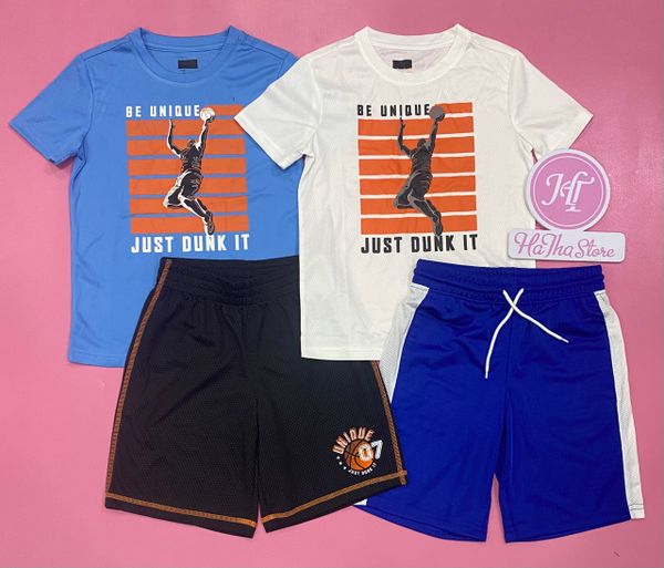  (12/13y) Bộ ngắn thể thao xanh quần trắng bé trai 